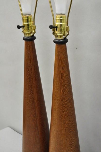 Vintage Mid Century Modern Staved Teak Wood Cone Shaped Table Lamps - a Pair