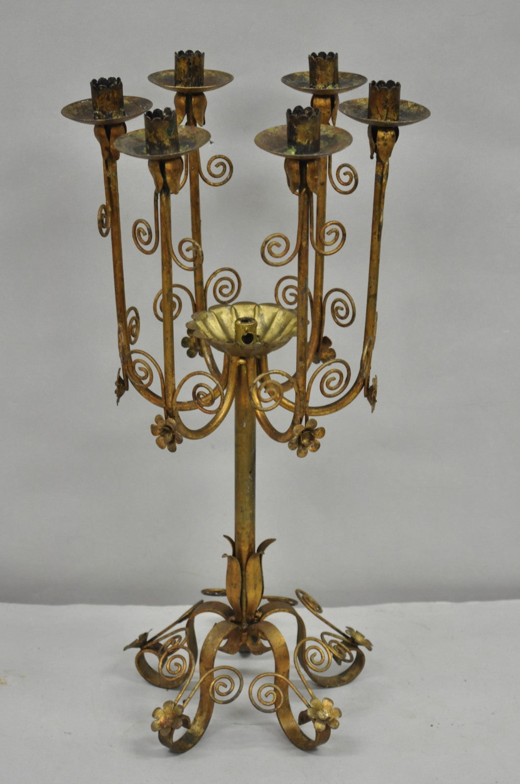 Vintage Italian Hollywood Regency Gold Gilt Iron Scrolling 6 Arm Candelabra