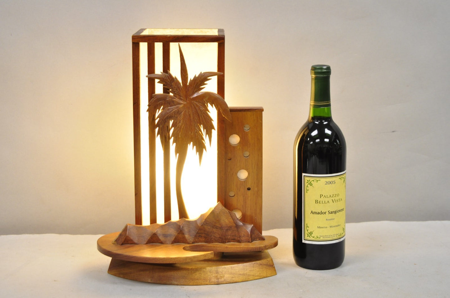 Vintage Mid Century Modern Carved Hawaiian Koa Wood Palm Tree Tiki Table Lamp