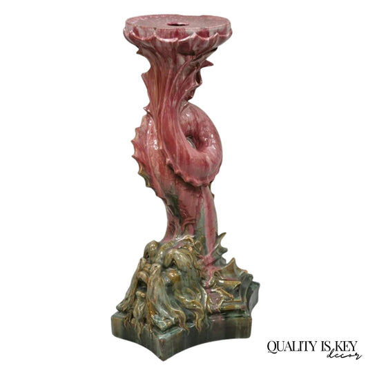Antique Majolica Terracotta Pottery Dolphin Serpent Pink Plant Stand Pedestal