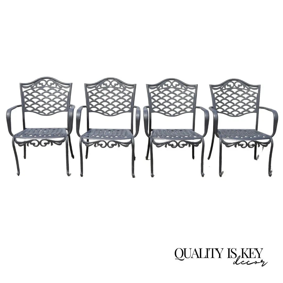 Tuscan Mediterranean Black Aluminum Metal Garden Patio Dining Chair - Set of 4