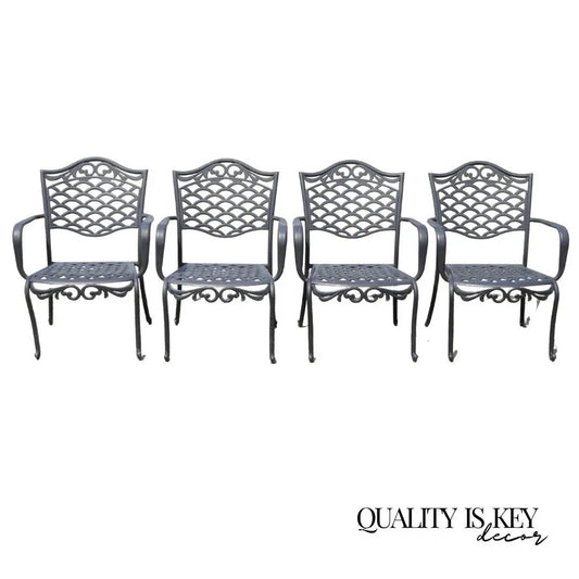 Tuscan Mediterranean Black Aluminum Metal Garden Patio Dining Chair - Set of 4