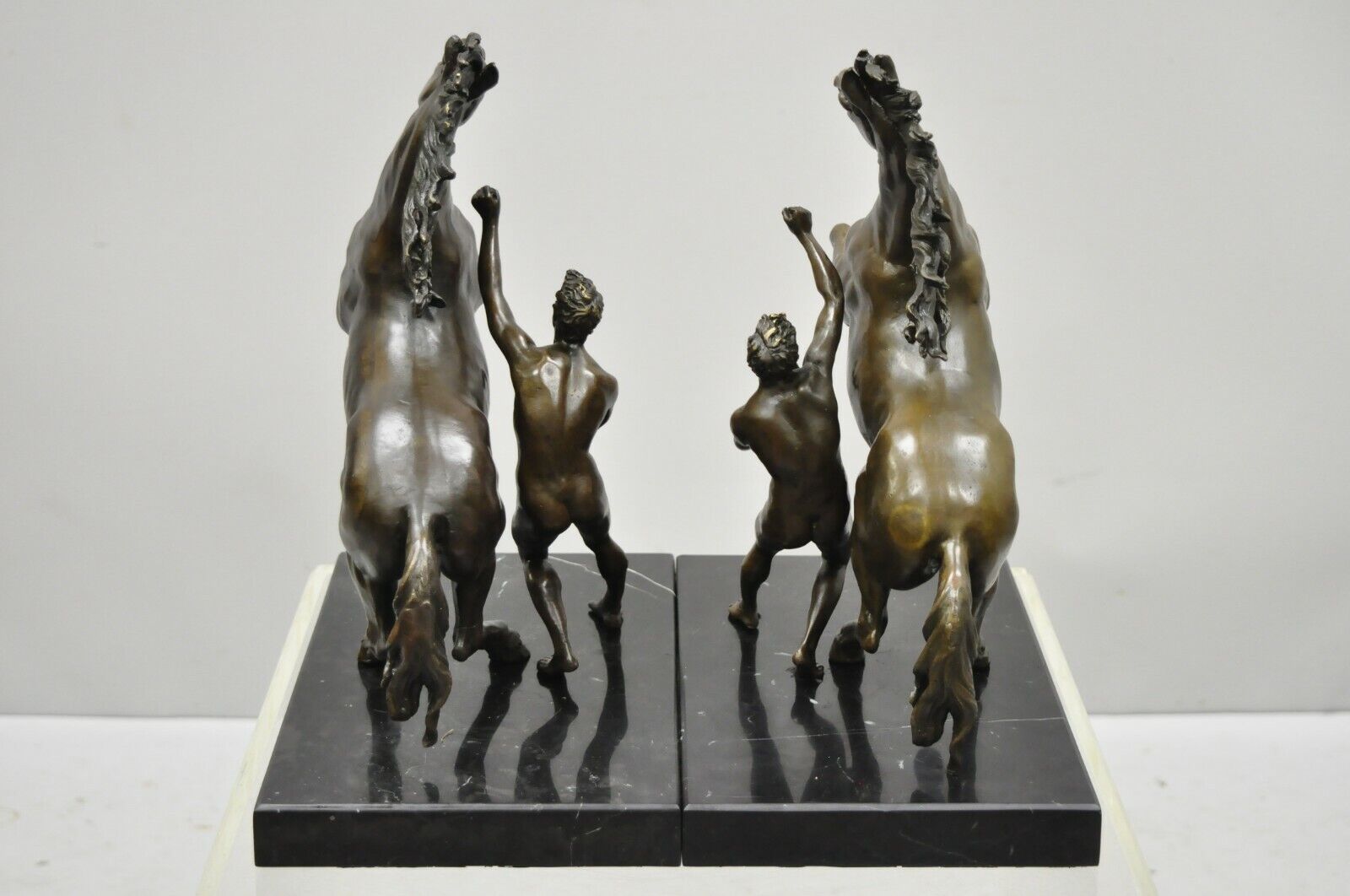 Pair of Bronze and Marble Marly Horse and Tamer Sculpture Statues After Coustou