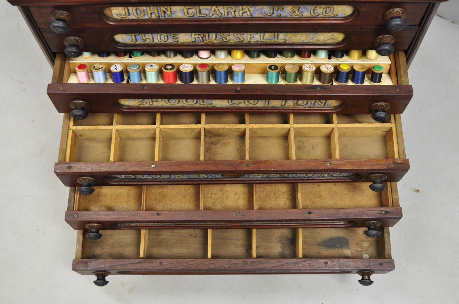 Antique John Clark Walnut 6 Drawer Sewing Spool Cabinet w Reverse Painted Glass