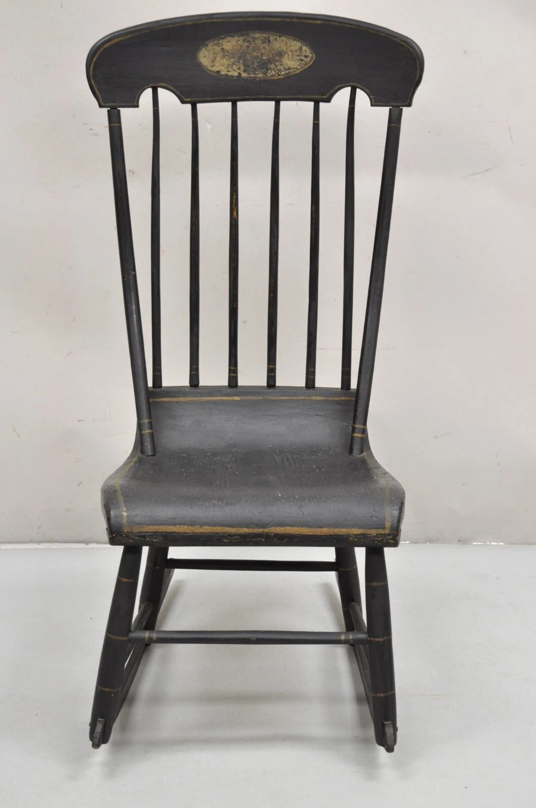 Antique Colonial Stencil Back Black Painted Plank Bottom Rocker Rocking Chair