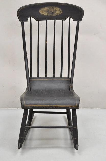 Antique Colonial Stencil Back Black Painted Plank Bottom Rocker Rocking Chair