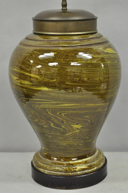 Vintage Mid Century Modern Green Swirl Glazed Ceramic Jardiniere Table Lamp