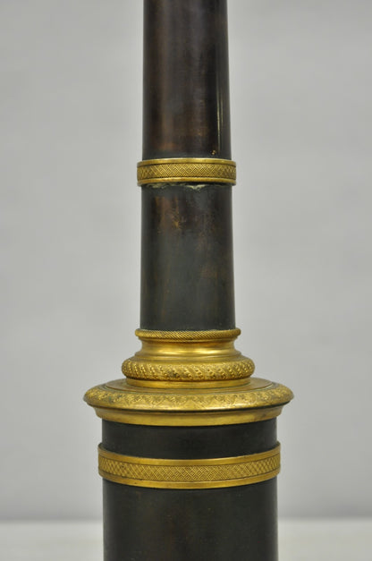 Antique French Empire Patinated Bronze Candlestick Column Bouillotte Table Lamp