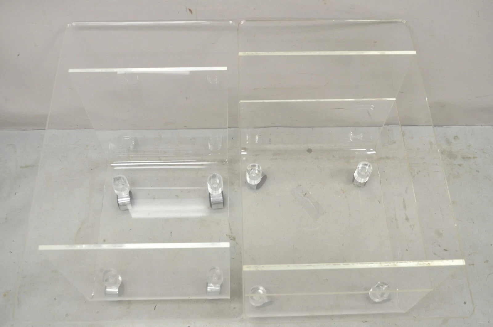 Vintage Clear Lucite Acrylic Mid Century Modern Rolling Side Tables - a Pair