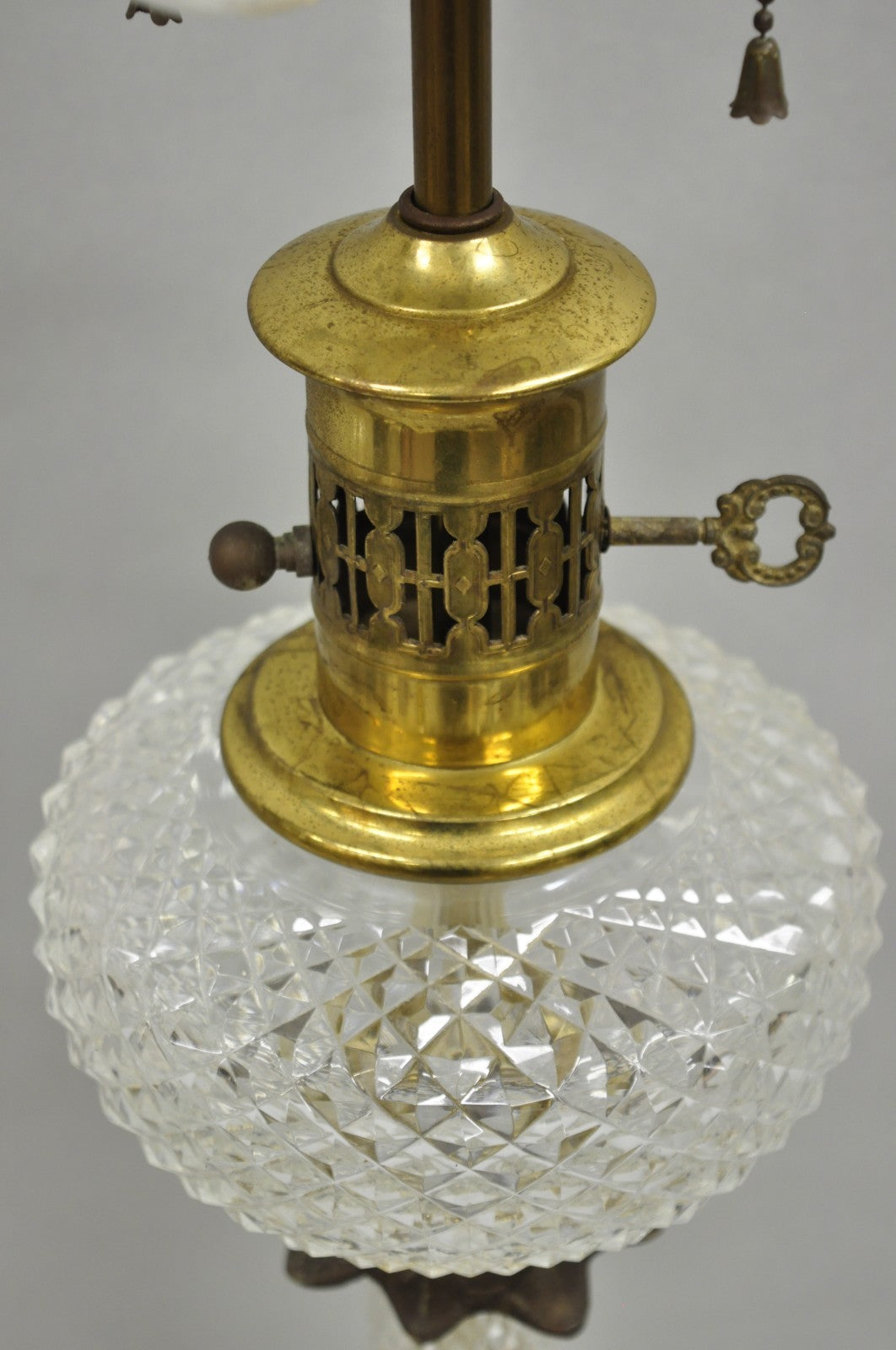 Vintage French Empire Brass & Crystal Glass Column "Oil Lamp" Table Lamps, Pair