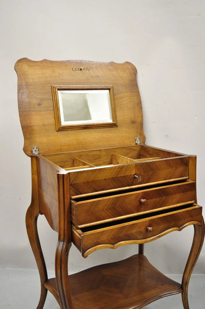 Antique French Victorian Mahogany Sewing Stand Nightstand Side Table w/ Flip Top
