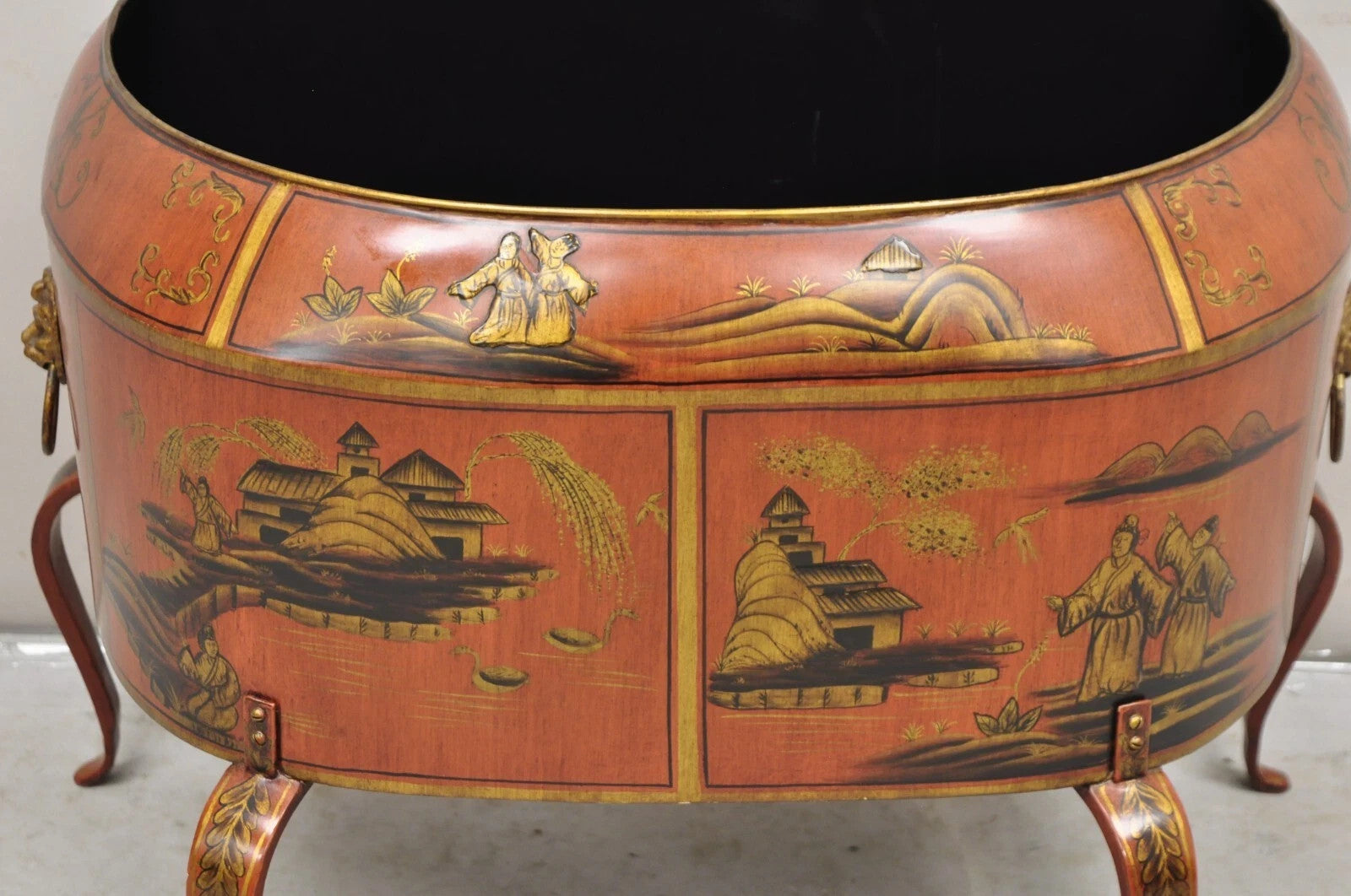 Italian Red Tole Metal Chinoiserie Gilt Decorated Floor Jardiniere Planter Pot