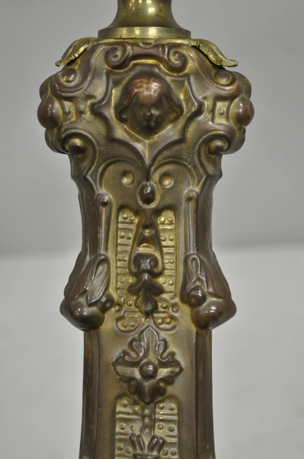 Antique French Renaissance Figural Brass Repousse Tall Candlestick Table Lamp