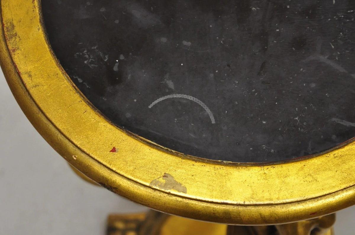 Egyptian Revival Gold Giltwood Marble Top Sphinx Pedestal Side Table Plant Stand