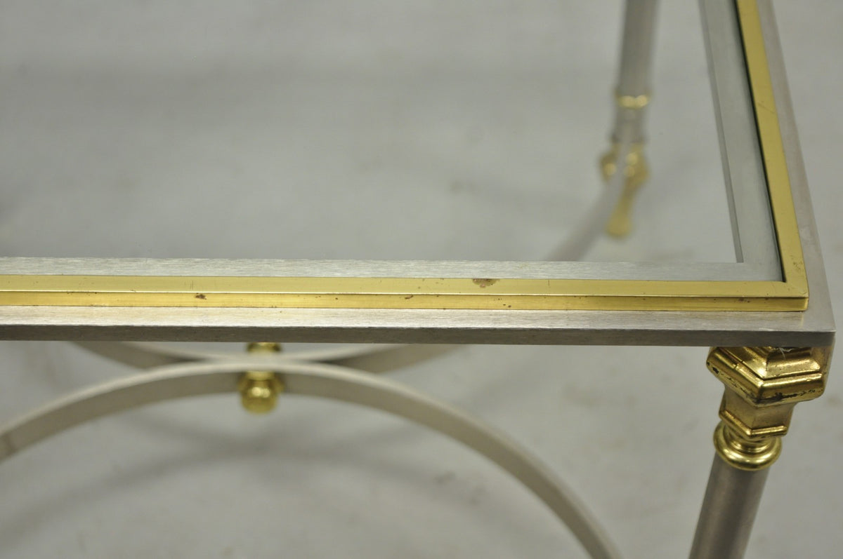 Vintage French Directoire Maison Jansen Style Steel Brass Low Square Side Table