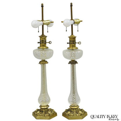 Vintage French Empire Brass & Crystal Glass Column "Oil Lamp" Table Lamps, Pair