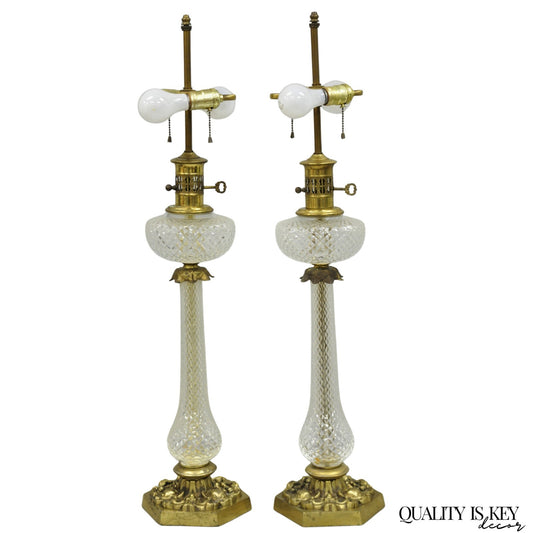 Vintage French Empire Brass & Crystal Glass Column "Oil Lamp" Table Lamps, Pair
