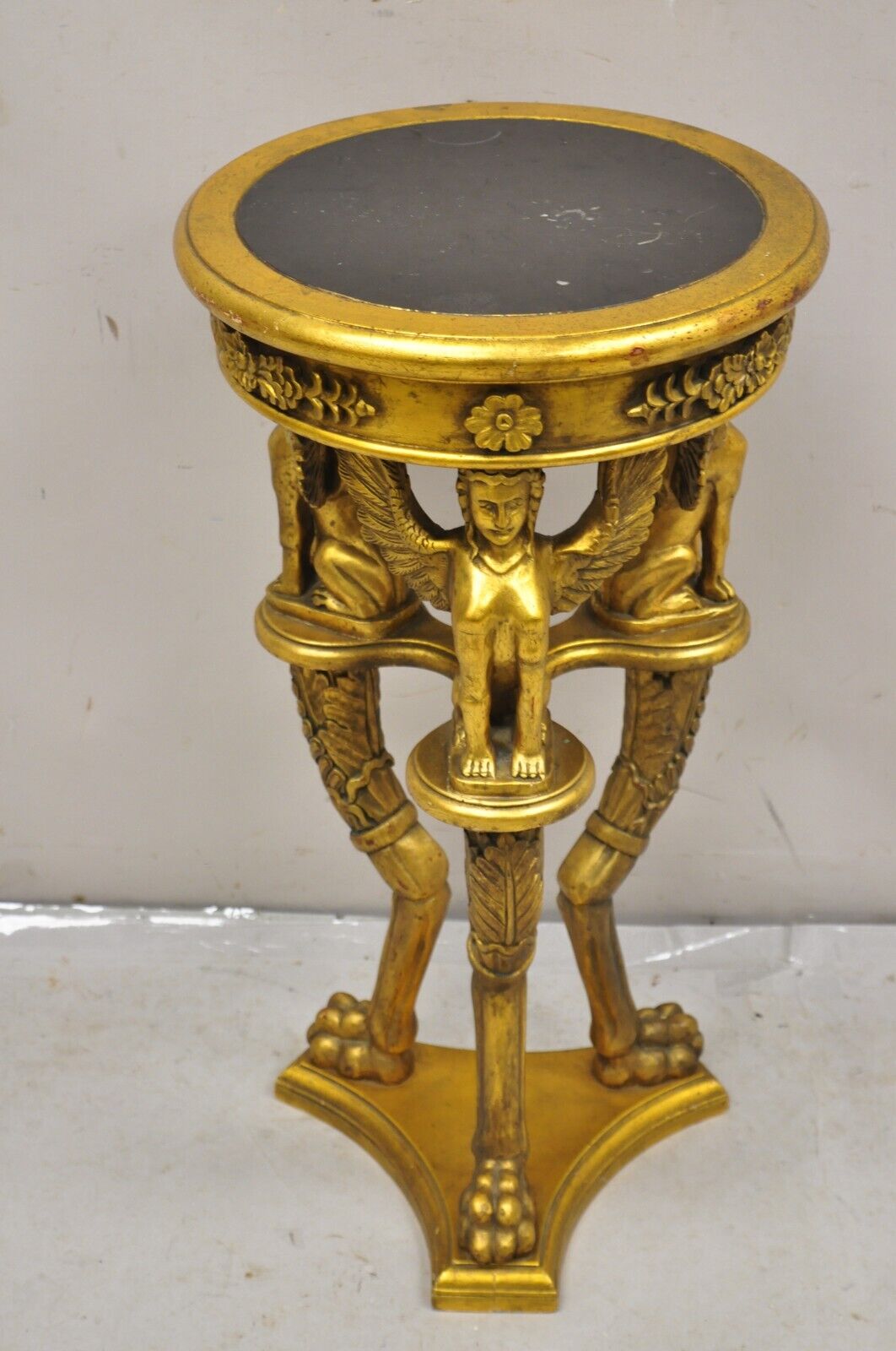 Egyptian Revival Gold Giltwood Round Marble Top Figural Pedestal Plant Stand