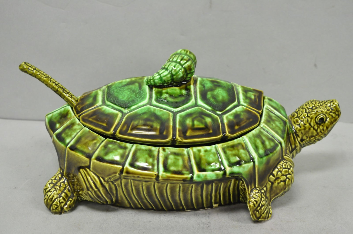 Vintage Tilso Japan Mid Century Modern Green Ceramic Figural Turtle Soup Tureen