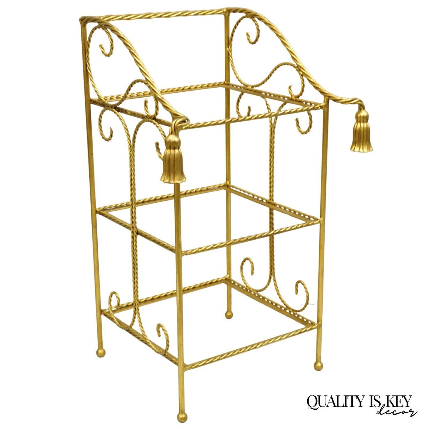 Italian Hollywood Regency Gold Gilt Iron Tassel 3 Tier Etagere Towel Rack Stand