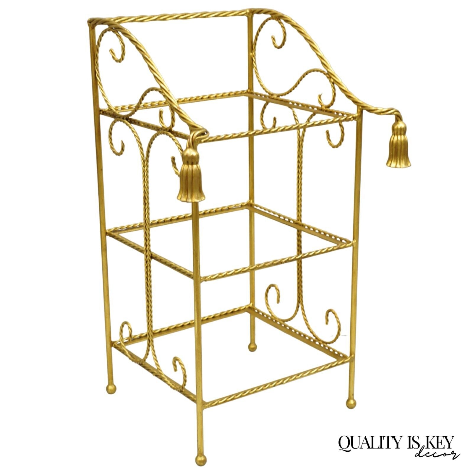 Italian Hollywood Regency Gold Gilt Iron Tassel 3 Tier Etagere Towel Rack Stand