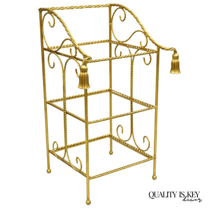 Italian Hollywood Regency Gold Gilt Iron Tassel 3 Tier Etagere Towel Rack Stand