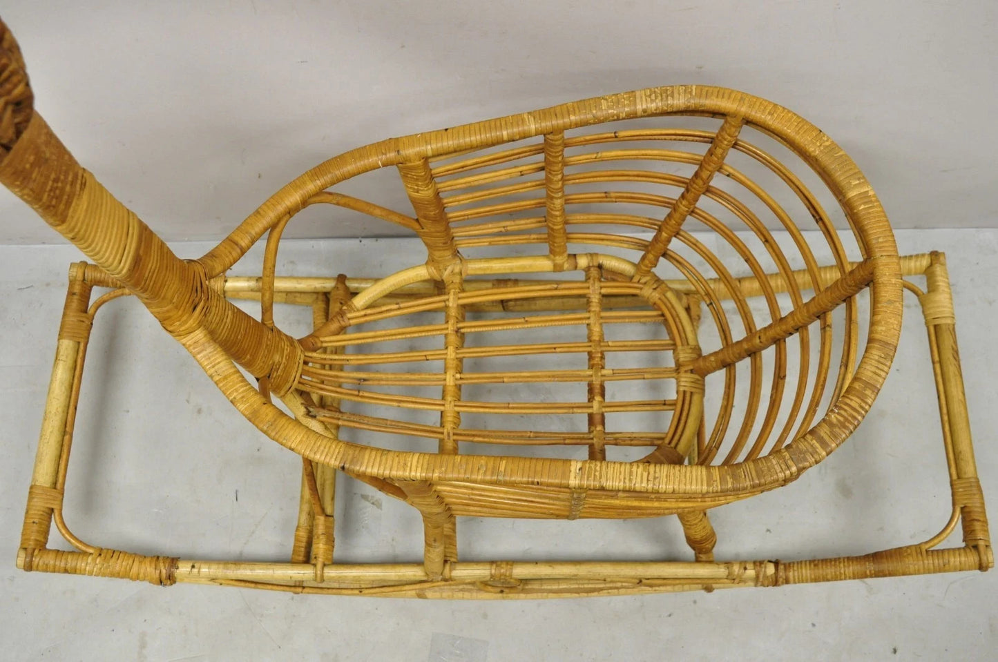 Mid Century Modern Wicker Rattan Figural Duck Rocker Bassinet Basket Crib