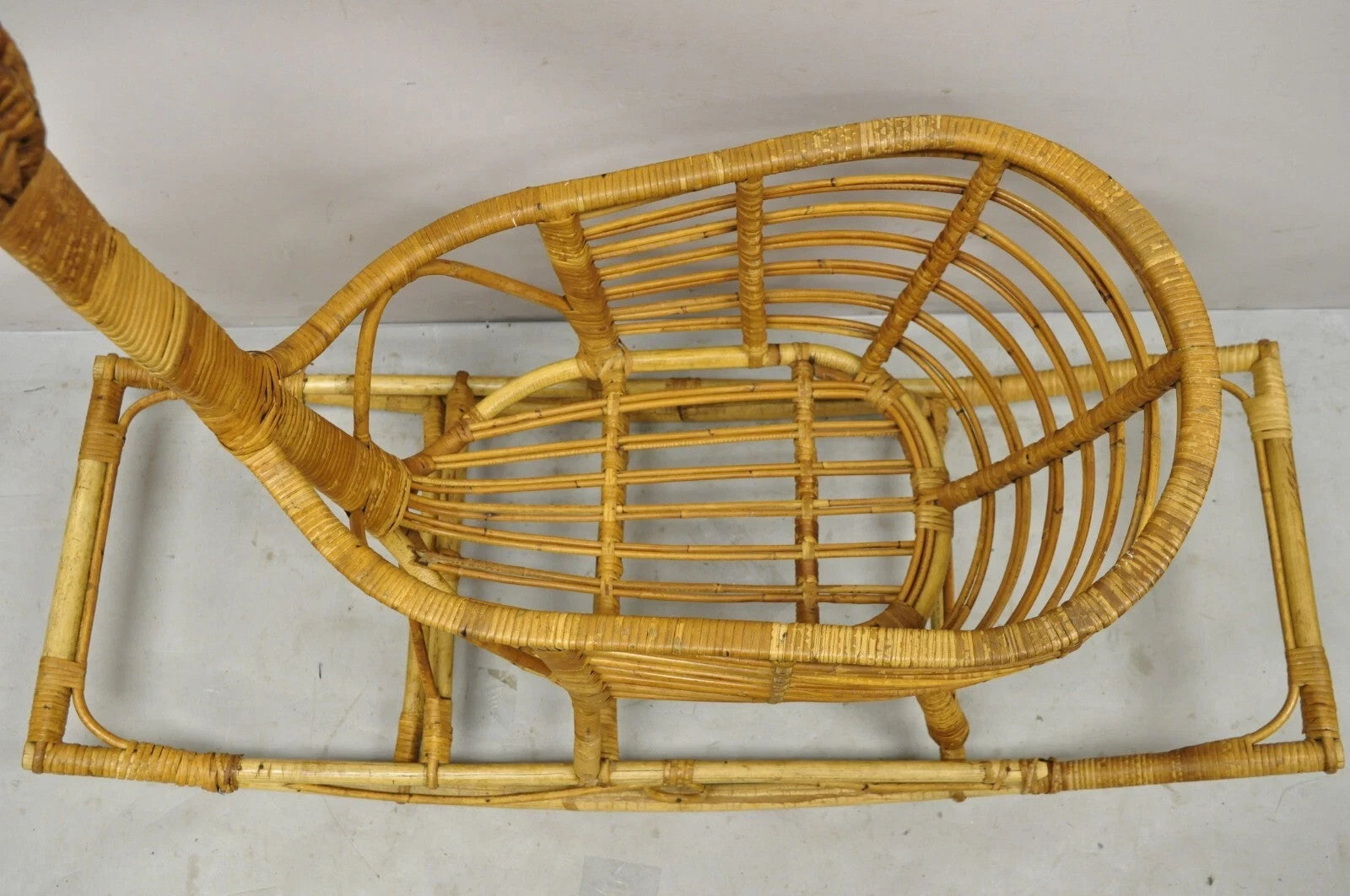 Mid Century Modern Wicker Rattan Figural Duck Rocker Bassinet Basket Crib