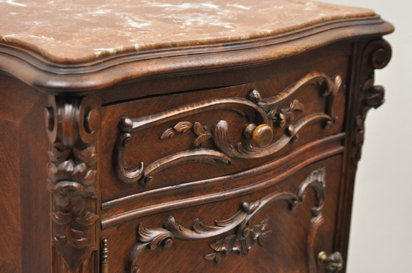 French Louis XV Style Carved Walnut Marble Top Porcelain Lined Nightstand