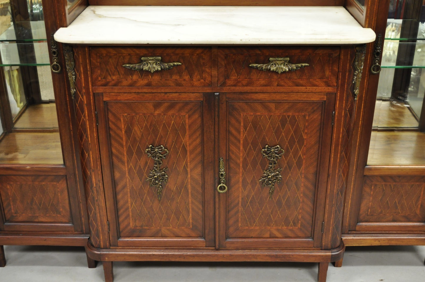 Antique French Louis XVI Style Marquetry Inlay Sideboard Buffet Curio Cabinet