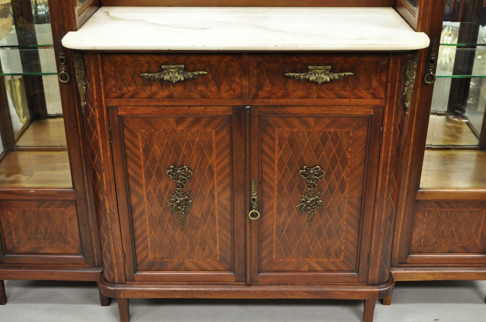 Antique French Louis XVI Style Marquetry Inlay Sideboard Buffet Curio Cabinet