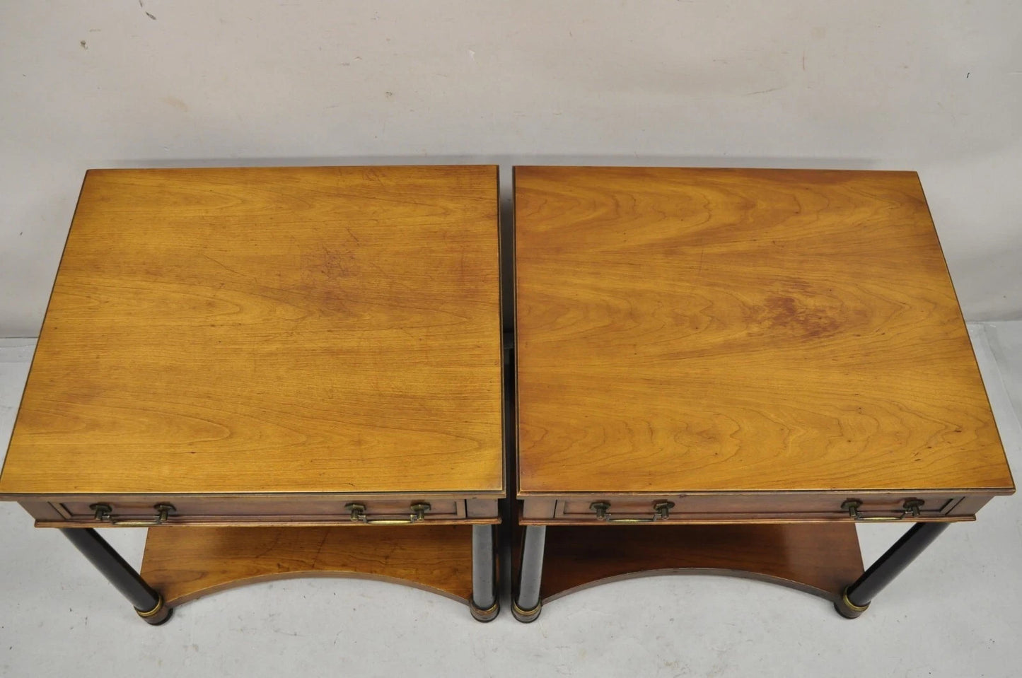 French Empire Cherry Wood Black Column 1 Drawer Lamp End Table by Heritage, Pair