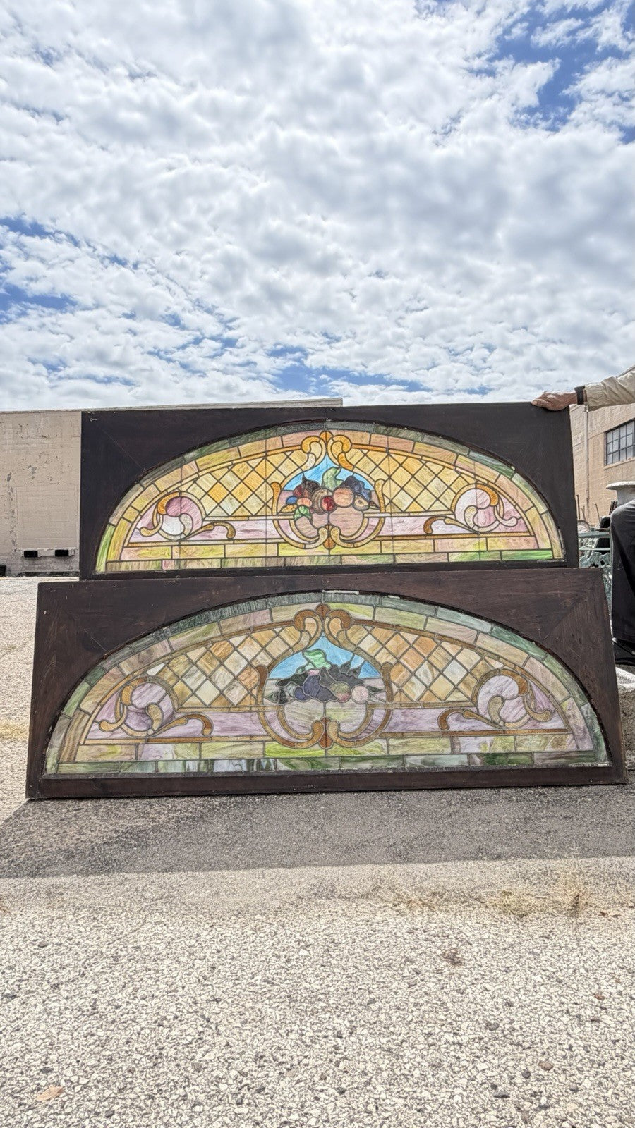 Antique Art Nouveau Colored Stained Glass Fruit 27 x 75 Arched Transom Window, A