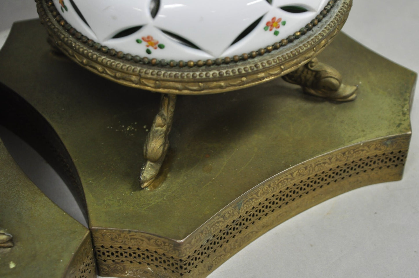 Antique Bohemian Czech Cut to Clear Glass Green and White Table Lamps - a Pair
