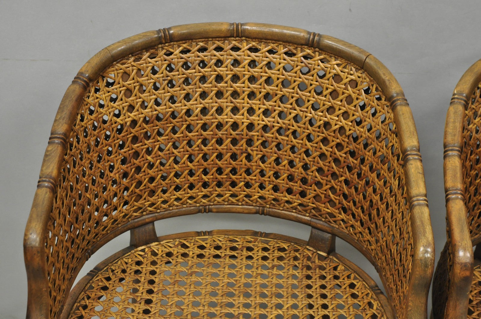 Vintage Hollywood Regency Faux Bamboo Wood & Cane Barrel Back Lounge Chair, Pair