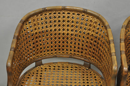 Vintage Hollywood Regency Faux Bamboo Wood & Cane Barrel Back Lounge Chair, Pair