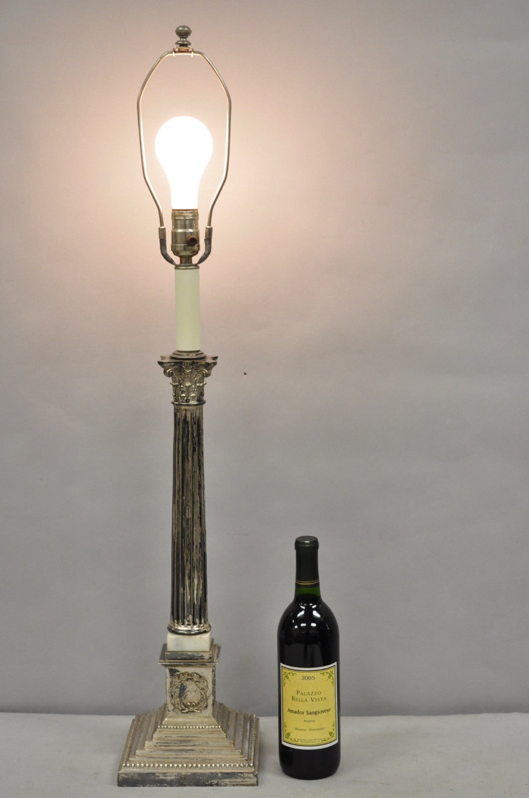 Antique French Empire Silver Plated Corinthian Column Candlestick Table Lamp