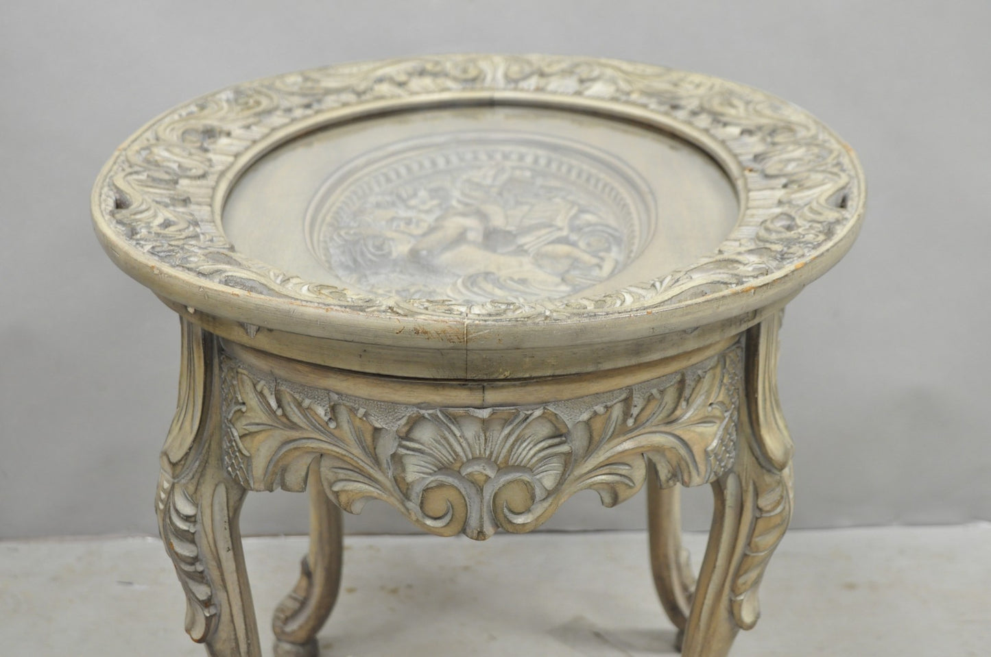 Vintage French Renaissance Walnut Gray Distress Painted Cherub Coffee Table