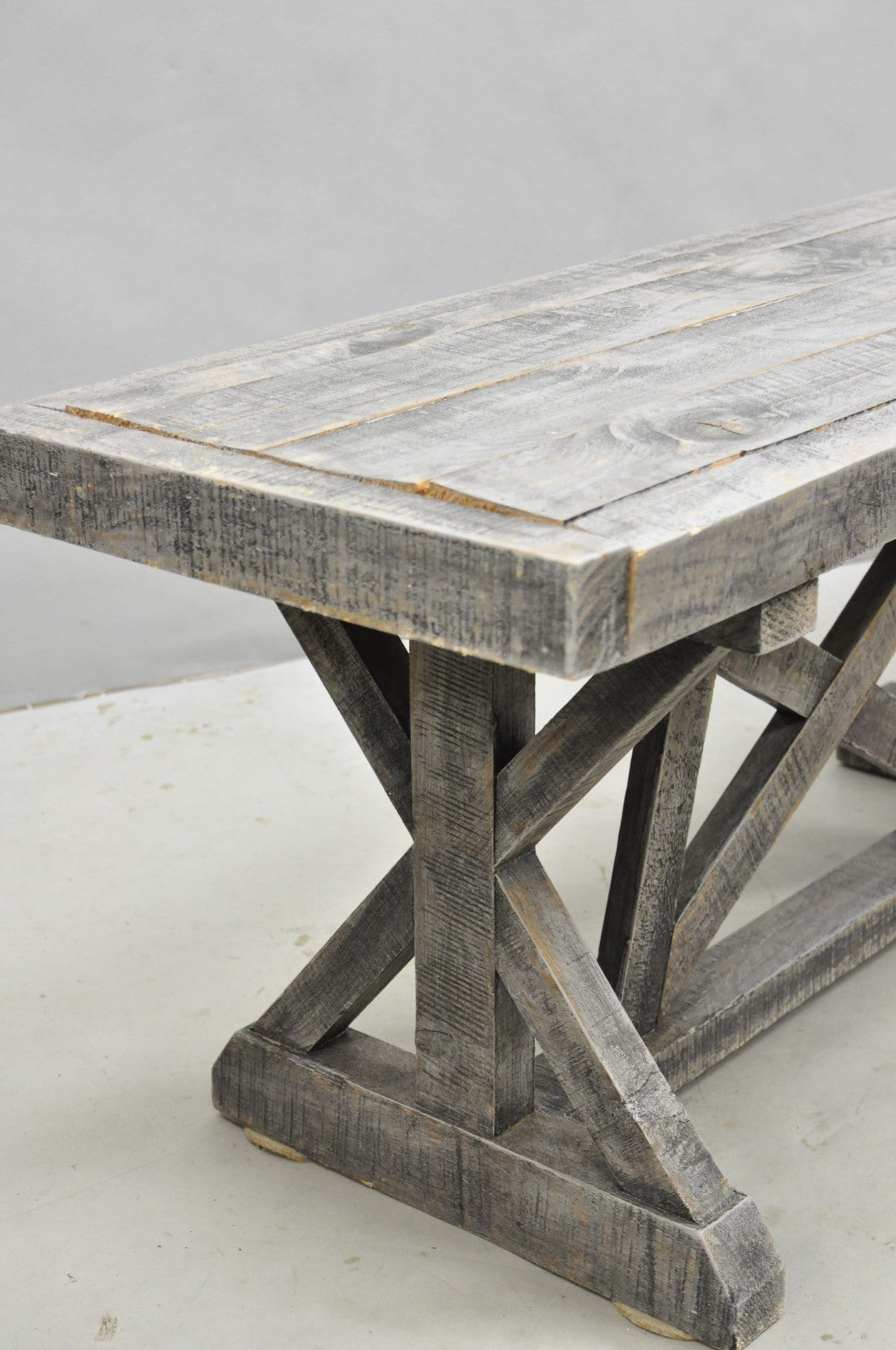 Primitive Rustic 72" Long Wooden Distressed Gray Wash Criss Cross Trestle Bench