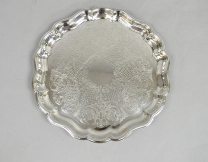 Vintage Sheridan Victorian Silver Plated Footed Round Serving Platter Bar Tray