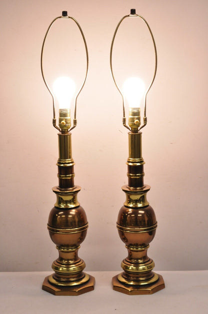 Vintage Hollywood Regency Brass & Copper Faux Bamboo Table Lamps - a Pair