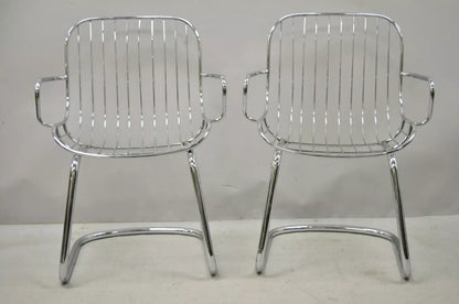 Mid Century Italian Modern Tubular Chrome Cantilever Dining Arm Chair - Set of 4