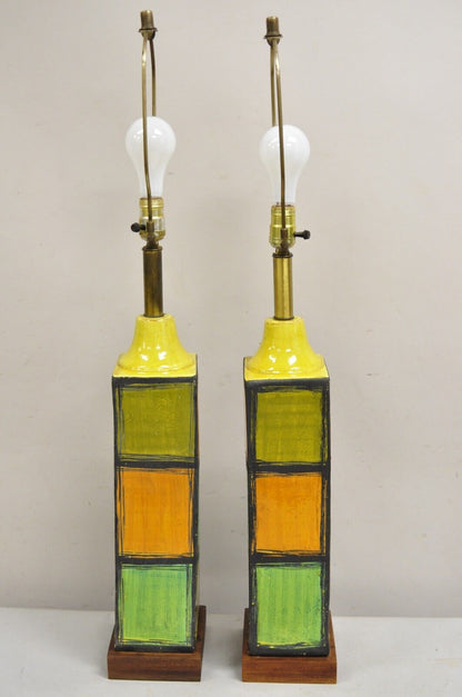 Aldo Londi Bitossi Italy Mid Century Modern Ceramic Square Vase Table Lamp Pair