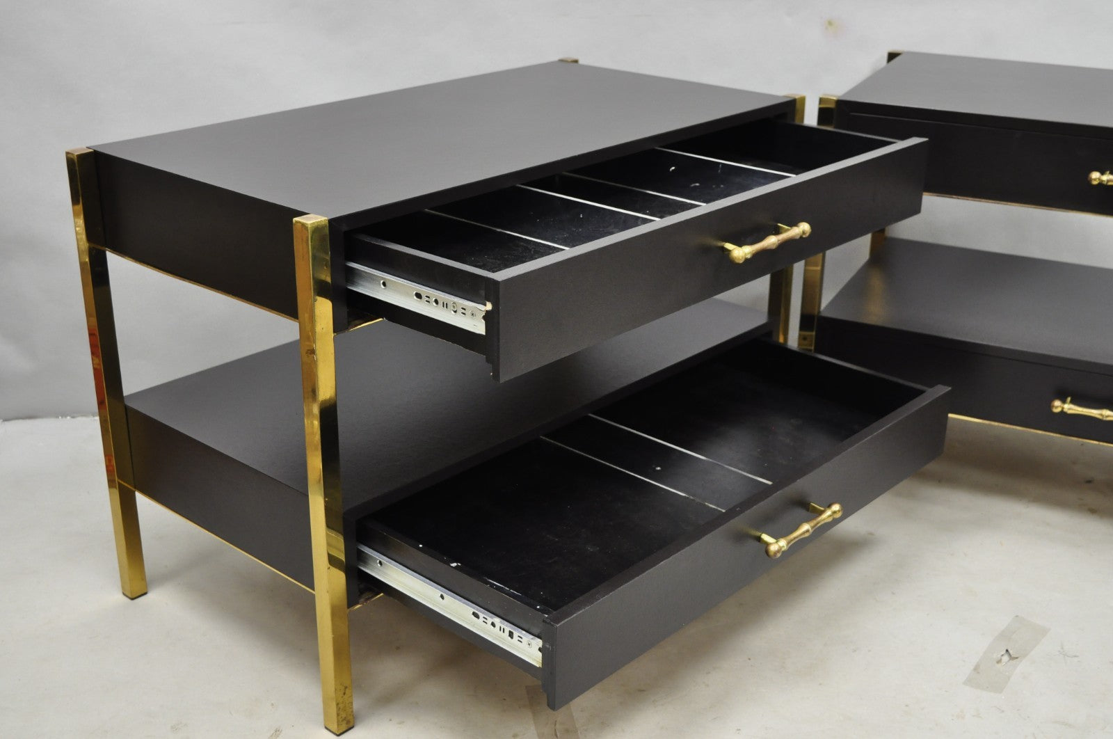 Contemporary Modern Black & Brass Faux Bamboo Nightstand Bedside Table - a Pair