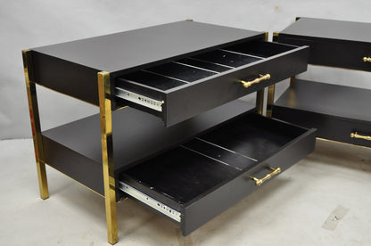 Contemporary Modern Black & Brass Faux Bamboo Nightstand Bedside Table - a Pair