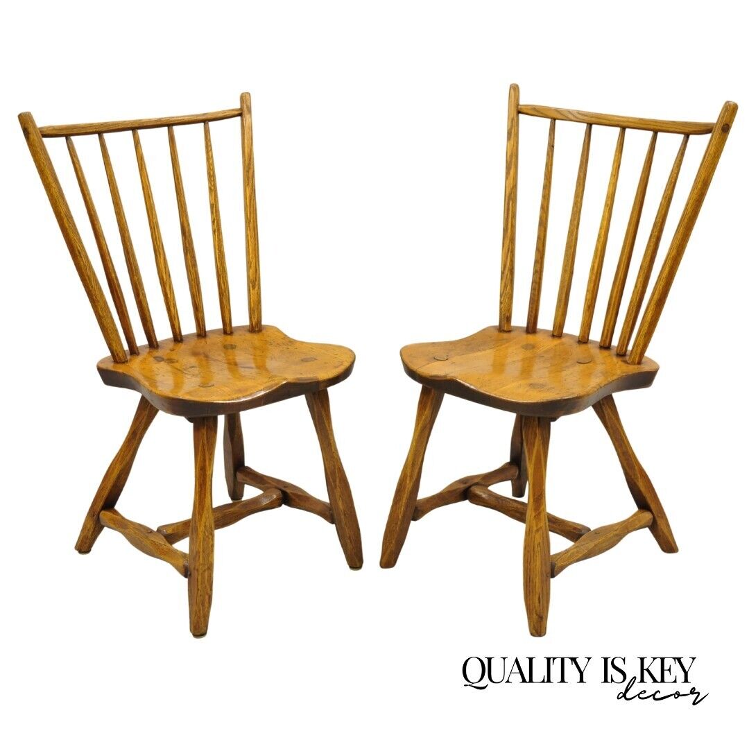 Pair Antique Hunt Country Furniture Colonial Pine Wood Hickory Style Side Chairs