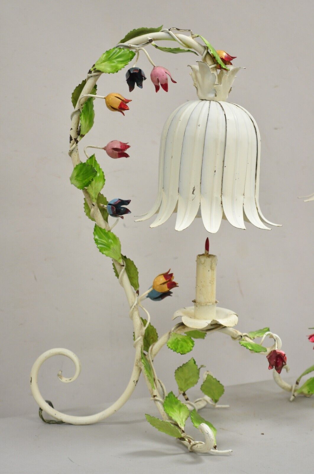 Vintage Italian Regency Tole Metal Flower Table Lamp w/ Tulip Shade - A Pair