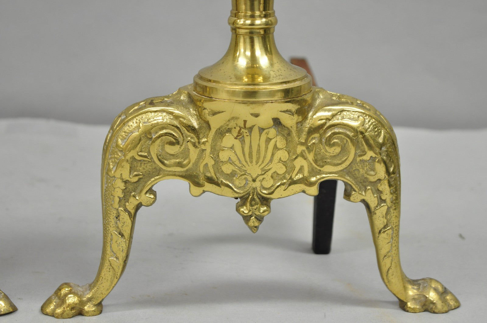 Antique French Empire Style Brass Paw Foot Column Cast Iron Andirons - a Pair