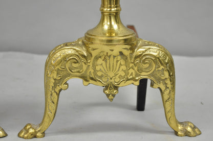 Antique French Empire Style Brass Paw Foot Column Cast Iron Andirons - a Pair