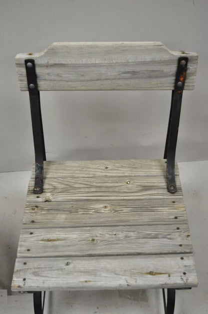 Antique French Industrial Wrought Iron Wooden Slat Seat Side Chairs - a Pair